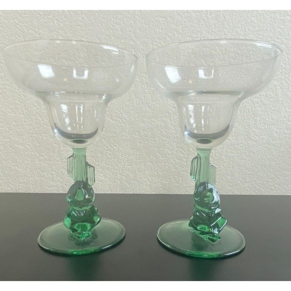 Siesta Cactus Margarita Glasses Green 7" Tall Set of 2 Cocktail Glasses Sombrero - Picture 1 of 8